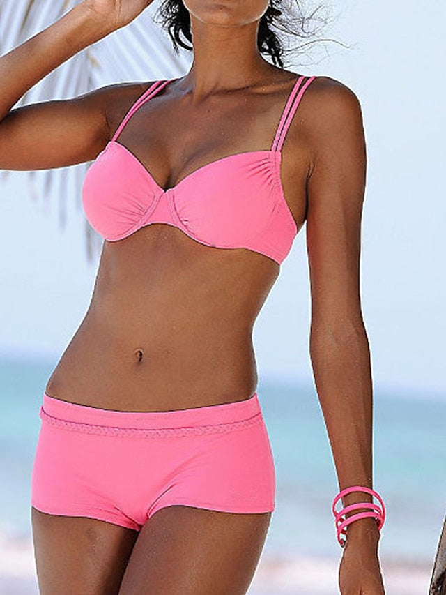 Women's Swimwear Bikini 2 Piece Normal Swimsuit Backless Ruched Pure Color White Black Blue Yellow Rosy Pink V Wire Bathing Suits New Vacation Sexy / Modern / Strap / Padded Bras / Strap