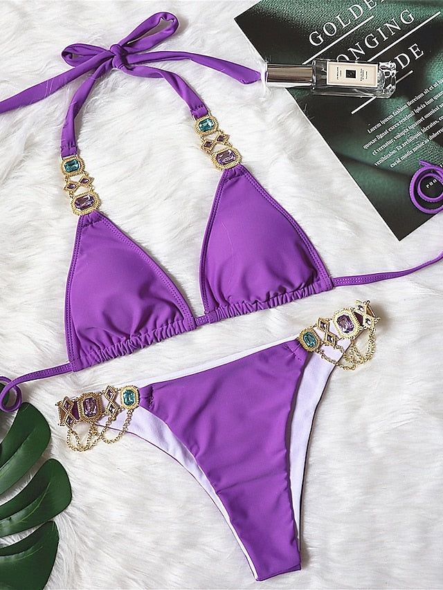 Women's Swimwear Bikini 2 Piece Normal Swimsuit Glitter Solid Color White Black Blue Purple Yellow Plunge Bathing Suits Sexy Vacation Fashion / New / Padded Bras