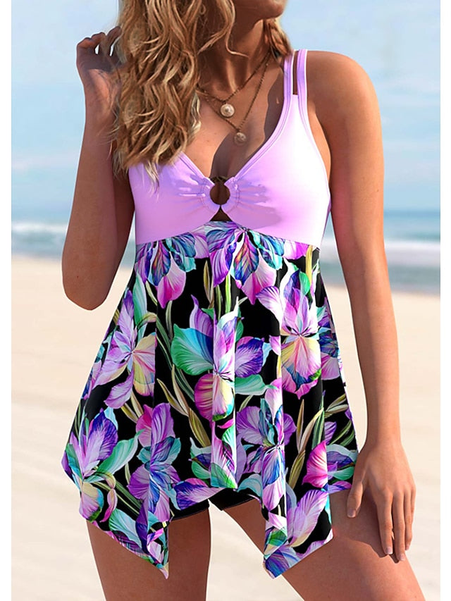 Women's Swimwear Tankini 2 Piece Plus Size Swimsuit 2 Piece Floral Purple Green Tank Top Bathing Suits Sports Summer
