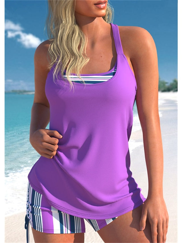 Women's Swimwear Tankini 2 Piece Normal Swimsuit 2 Piece Printing Striped Purple Bathing Suits Sports Beach Wear Summer