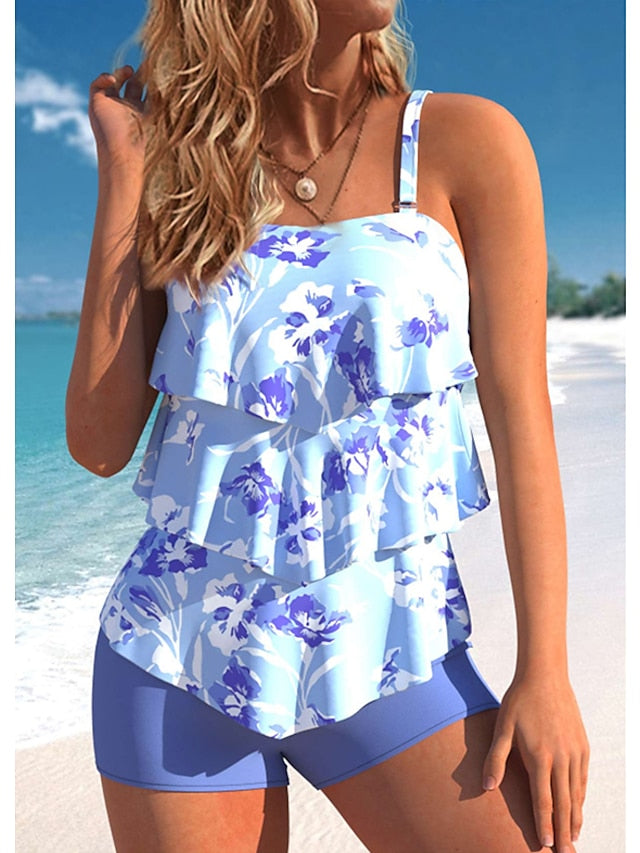 Women's Swimwear Tankini 2 Piece Plus Size Swimsuit 2 Piece Floral Plaid Black Blue Purple Tank Top Bathing Suits Sports Summer