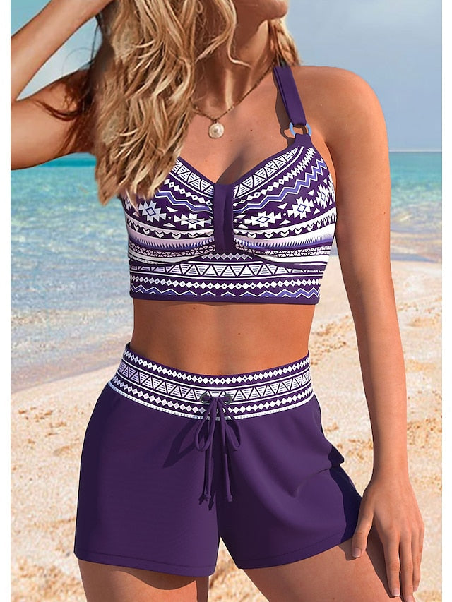 Women's Swimwear Bikini Normal Swimsuit 2 Piece High Waisted Geometic Purple Bathing Suits Sports Beach Wear Summer