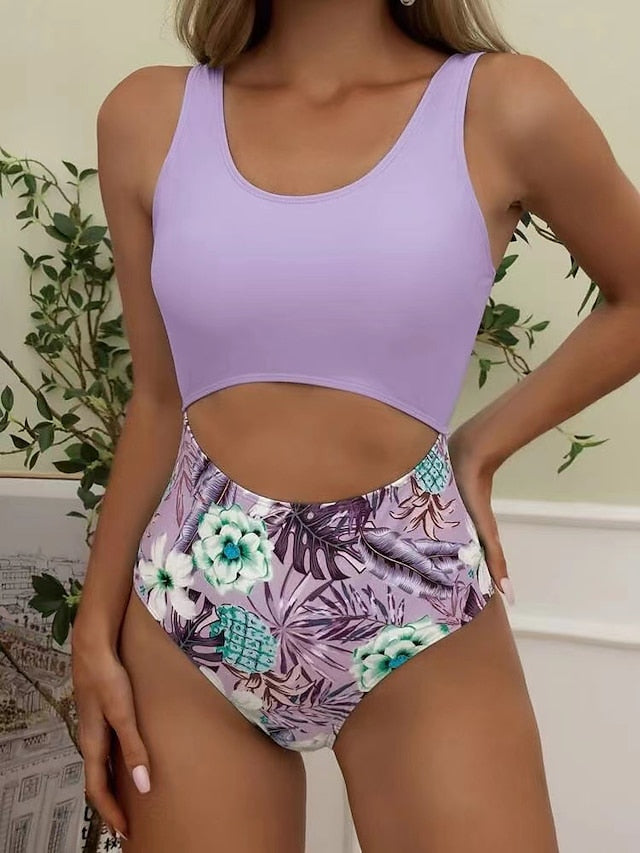 Women's Swimwear One Piece Normal Swimsuit Printing Floral Purple Green Bodysuit Bathing Suits Sports Beach Wear Summer