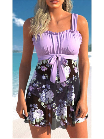 Women's Swimwear Swimdresses Plus Size Swimsuit 2 Piece Printing Floral Black Yellow Pink Dark Green Purple Bathing Suits Sports Beach Wear Summer