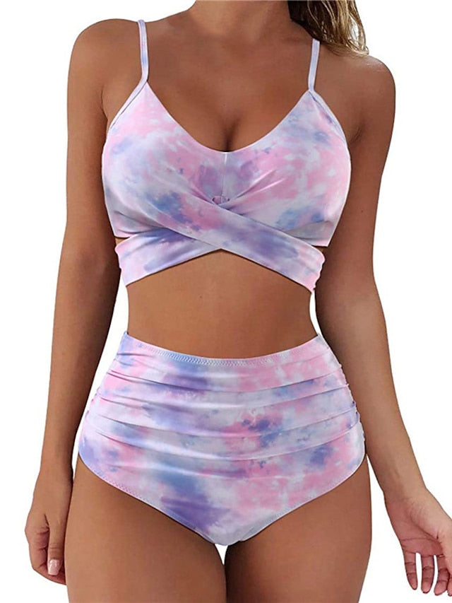 Women's Swimwear Bikini 2 Piece Normal Swimsuit Open Back Printing High Waisted Plaid Tie Dye White Army Green Navy Blue Purple Orange Tank Top V Wire Bathing Suits New Vacation Sexy