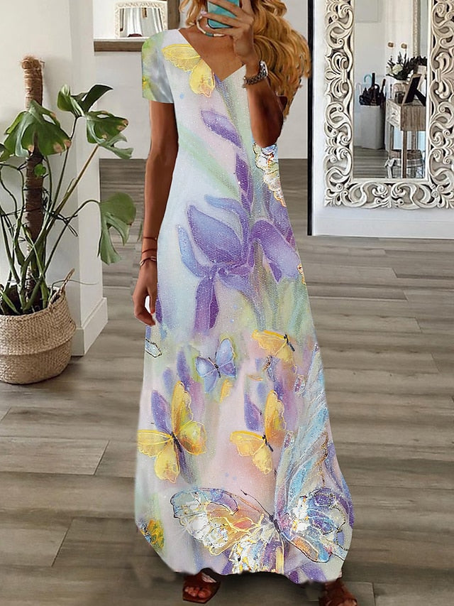 Women's Long Dress Maxi Dress Casual Dress Print Dress Graphic Marbling Fashion Modern Daily Holiday Vacation Print Short Sleeve V Neck Dress Regular Fit White Yellow Light Green Summer Spring XS Maxi Print Dresses