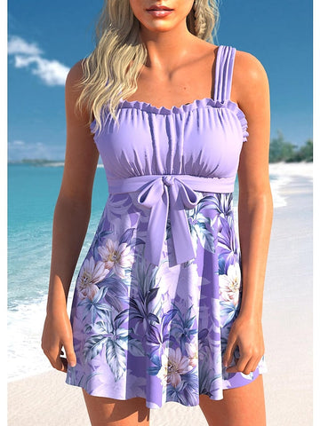 Women's Swimwear Swimdresses Plus Size Swimsuit Printing Graphic Black Pink Navy Blue Purple Bathing Suits Sports Beach Wear Summer