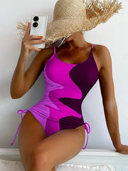 Women's Swimwear One Piece Normal Swimsuit Printing Color Block Blue Purple Brown Green Bodysuit High Neck Bathing Suits Sports Summer