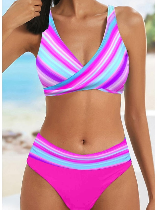 Women's Swimwear Bikini 2 Piece Normal Swimsuit High Waisted Striped Purple Padded V Wire Bathing Suits Sports Vacation Sexy / New