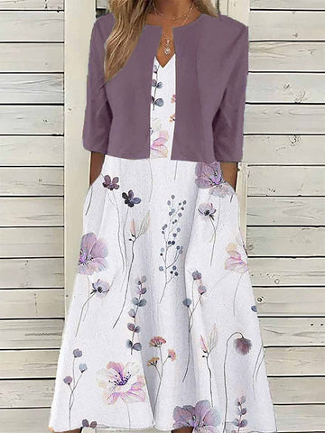 Women's Two Piece Dress Set Casual Dress Print Dress Outdoor Daily Fashion Elegant Pocket Print Midi Dress V Neck Half Sleeve Floral Regular Fit Pink Blue Purple Summer Spring Print Dress Sets