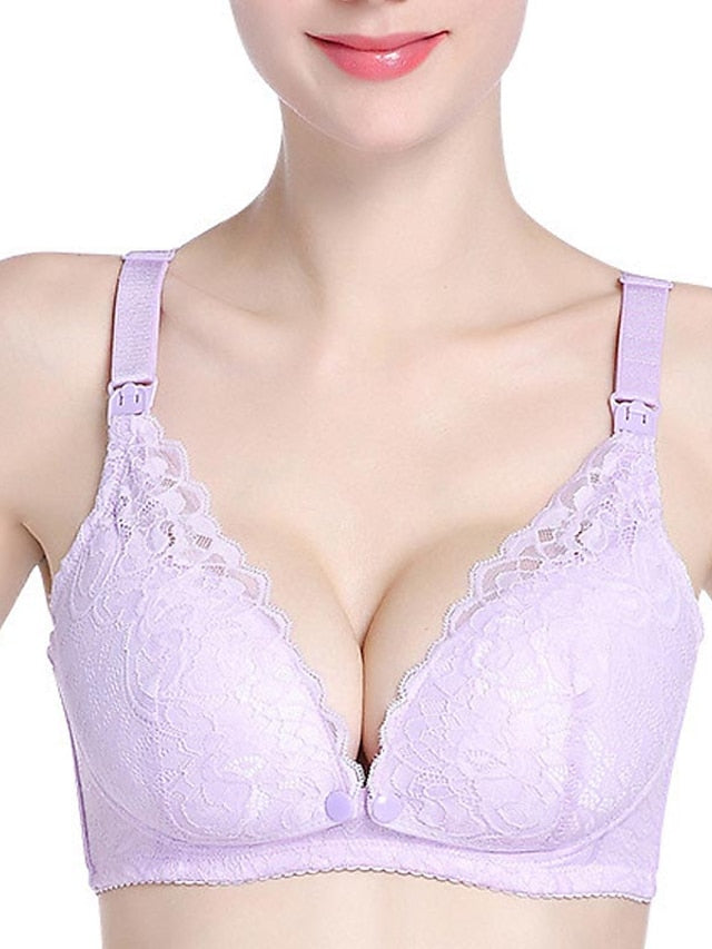 Women's Wireless Bras Adjustable Full Coverage Deep V Breastfeeding Lace Pure Color Front Closure Casual Daily Polyester 1PC Black Gray , Maternity , Bras & Bralettes , Maternity , 1 PC