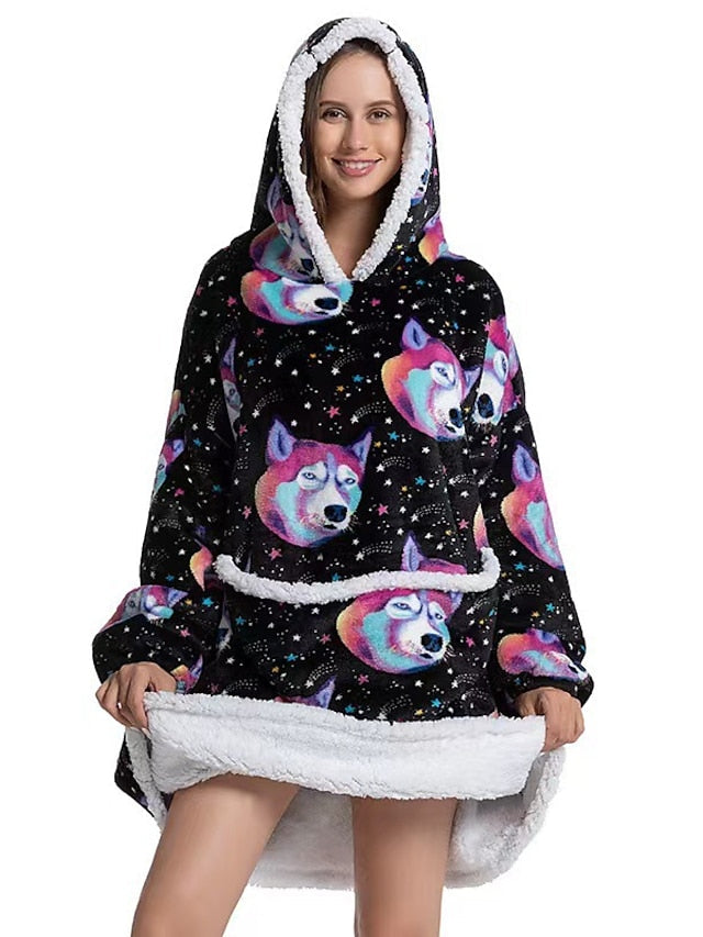 Women‘s Couple‘s Pajamas Nightgown Wearable Blanket Winter Hoodie Blanket Animal Dog Comfort Oversized Plush Home FallVacation Flannel