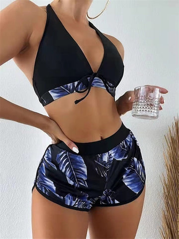 Women's Swimwear Bikini Three Piece Normal Swimsuit Open Back Printing Leaves Blue Purple Gold Tank Top V Wire Bathing Suits Sexy Vacation Fashion / Modern / New / Padded Bras