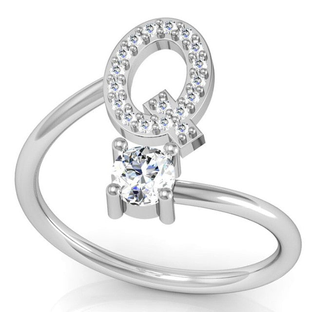 Fashion 26 Letters Silver Ring For Women Rhinestone Open Finger Rings Female Engagement Ring Jewelry Anel Party Gift - Sheseelady