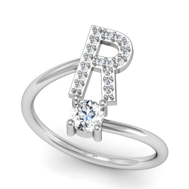 Fashion 26 Letters Silver Ring For Women Rhinestone Open Finger Rings Female Engagement Ring Jewelry Anel Party Gift - Sheseelady
