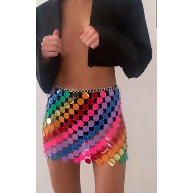 Women's Sparkly Skirt Mini Polyester Silver Rainbow Skirts Sequins Shiny Metallic Shimmery Sexy Performance Party Evening One-Size