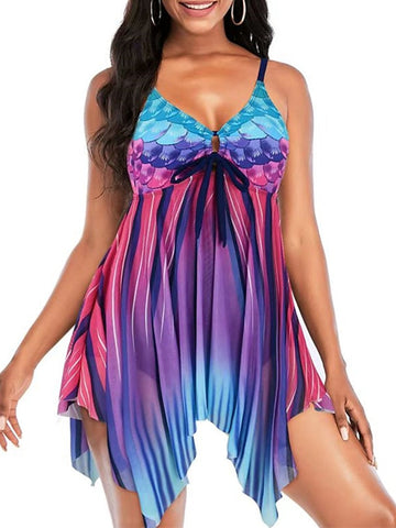 2 pcs Tropical Women's Swimwear High Waist Tankini Swimsuit Backless Elastic Printing Rainbow Camisole Padded Strap Bathing Suits Boho Beach Wear Asymmetrical Skirts