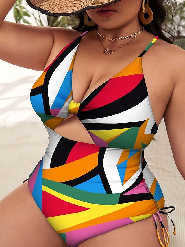 Women's Swimwear One Piece Normal Swimsuit Cut Out Printing Floral Red Rainbow Bodysuit Bathing Suits Sports Beach Wear Summer