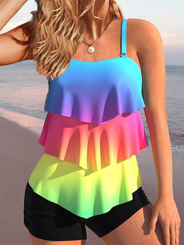 Women's Swimwear Tankini 2 Piece Normal Swimsuit 2 Piece Layered Printing Palm Tree Black White Blue Rainbow Tank Top Bathing Suits Sports Beach Wear Summer