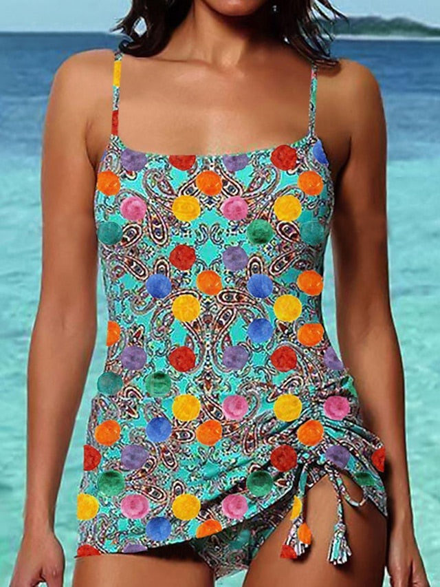 Women's Swimwear Tankini 2 Piece Normal Swimsuit Ruched 2 Piece Printing Paisley Blue Green Rainbow Tank Top Bathing Suits Sports Beach Wear Summer