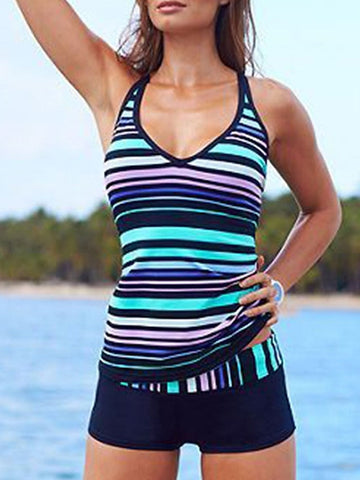 Women's Swimwear Tankini 2 Piece Normal Swimsuit Open Back Cross Color Block Stripe Rainbow Tank