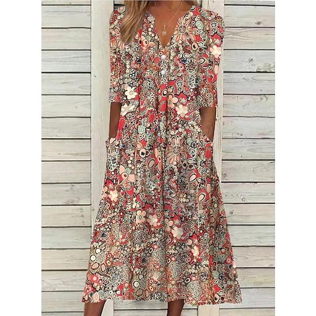 Women's Casual Dress Ethnic Dress Midi Dress Red Half Sleeve Floral Print Fall Spring Summer V Neck Casual Vacation Print Dresses
