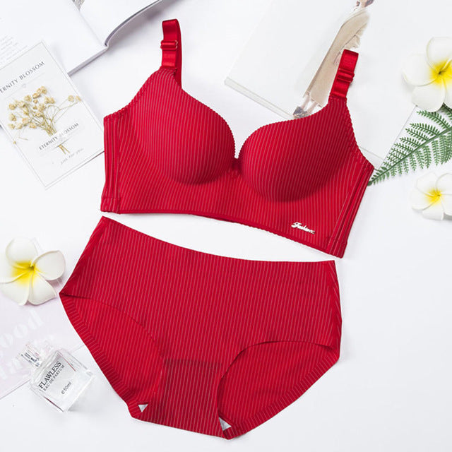 High End Brand Romantic Temptation Bra Set Women Striped Underwear Push Up Seamless Lingerie Female Sets 90C