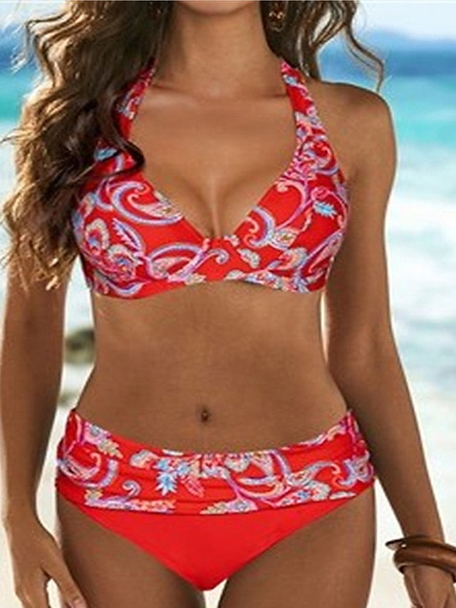 Women's Swimwear Bikini 2 Piece Normal Swimsuit Backless Printing Floral Red Underwire Halter Padded V Wire Bathing Suits New Vacation Sexy / Cute / Padded Bras