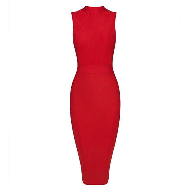 Fashion Turtleneck Sleeveless Bandage Midi Dress - Sheseelady
