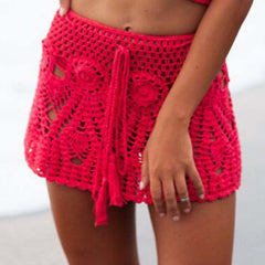 Women's Skirt Above Knee Acrylic Black White Yellow Red Skirts Summer Drawstring Cut Out Crochet Fashion Summer Vacation Beach One-Size