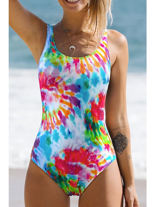 Women's Swimwear One Piece Monokini Bathing Suits Normal Swimsuit Water Sports Tummy Control Open Back Print Tie Dye Leopard White Blue Red Scoop Neck Bathing Suits New Vacation Modern / Cute
