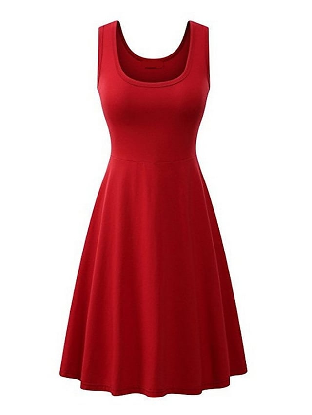 Fashion Sleeveless Pure Color Square Neck Weekend Casual Swing Dress For Womens