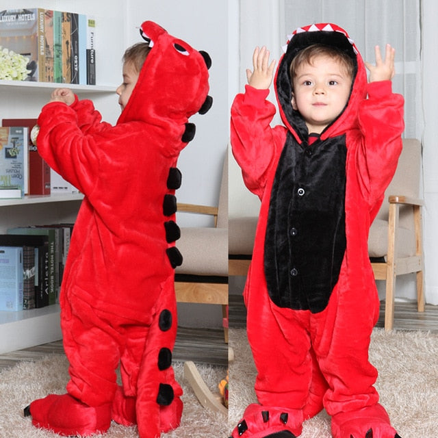 Children'S Pajamas Cartoon New Jumpsuit Flannel Dinosaur Animal Play Suit Long-Sleeved Hoodie Warm Cute Funny One-Piece Pajamas - Sheseelady