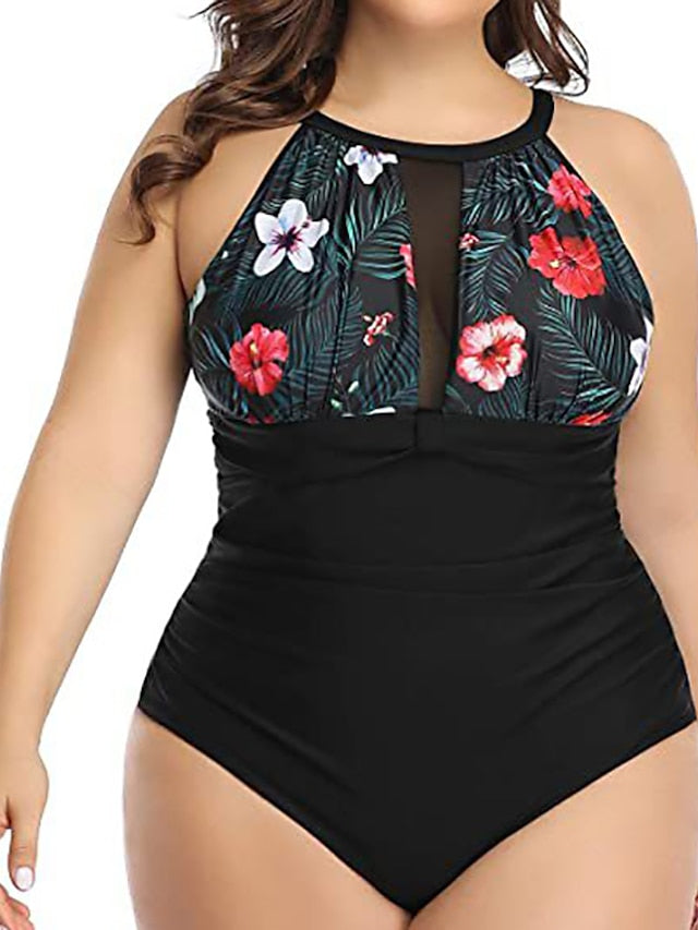Women's Swimwear One Piece Monokini Bathing Suits Plus Size Swimsuit Printing Floral Striped White Black Red Bathing Suits New Vacation Fashion / Sexy / Modern / Pure Color / Padded Bras