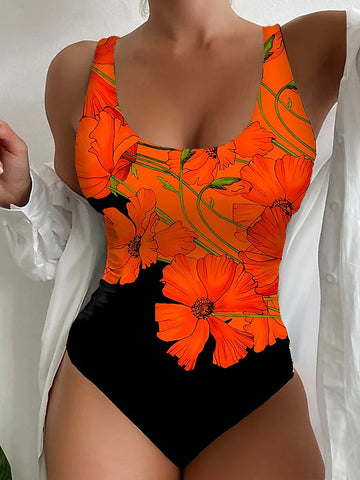 Women's Swimwear One Piece Normal Swimsuit Printing Floral Pink Red Blue Bodysuit Bathing Suits Sports Beach Wear Summer