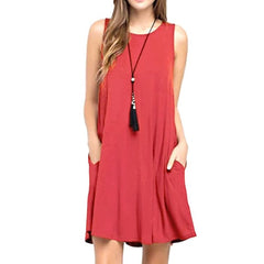 Women's Sleeveless Pure Color Pocket Crew Neck Vacation Weekend Casual Dress