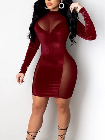 Women‘s Party Dress Velvet Dress Red Blue Red Black Long Sleeve Pure Color Hollow Out Velvet Fall Spring Crew Neck Party Hot Sexy Party Fall Dress Slim