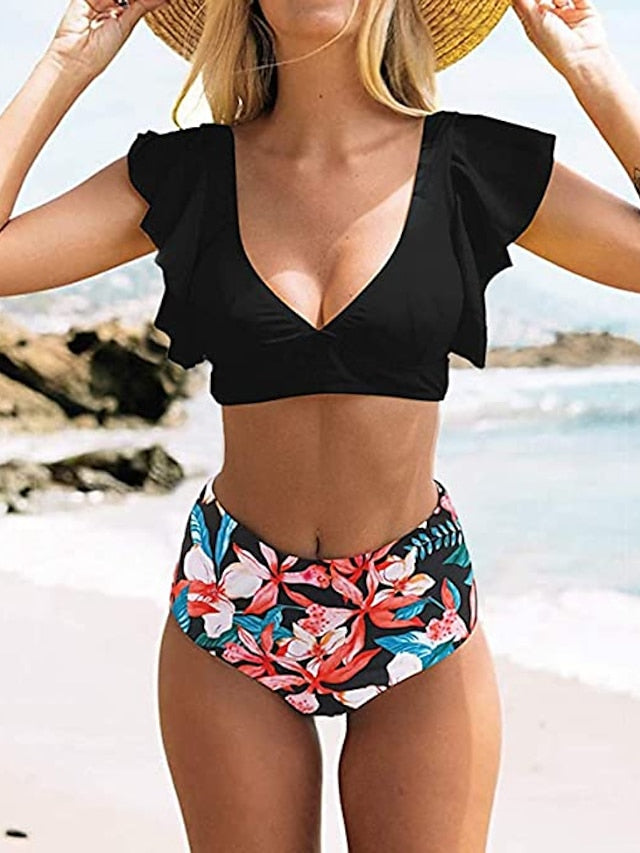 Women's Swimwear Bikini Normal Swimsuit Ruffle 2 Piece Printing Floral Black White Red Green Bathing Suits Sports Beach Wear Summer