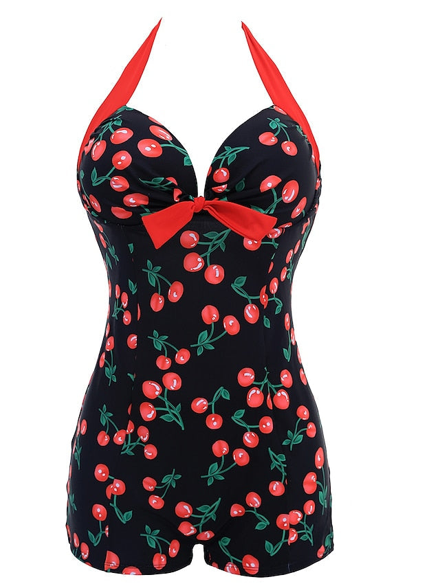 Women's Swimwear One Piece Monokini Bathing Suits Plus Size Swimsuit Tummy Control Open Back Printing for Big Busts Polka Dot Rose Black Blue Red V Wire Bathing Suits New Vacation Fashion / Modern