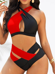 Women's Swimwear Bikini Monokini 2 Piece Normal Swimsuit High Waist Open Back Hole Color Block Black Pink Red Blue Orange Padded Bathing Suits New Vacation Sexy