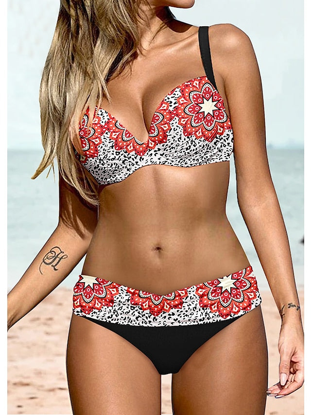 Women's Swimwear Bikini Normal Swimsuit 2 Piece Printing Camouflage Geometic Black Red Blue Green Bathing Suits Sports Beach Wear Summer