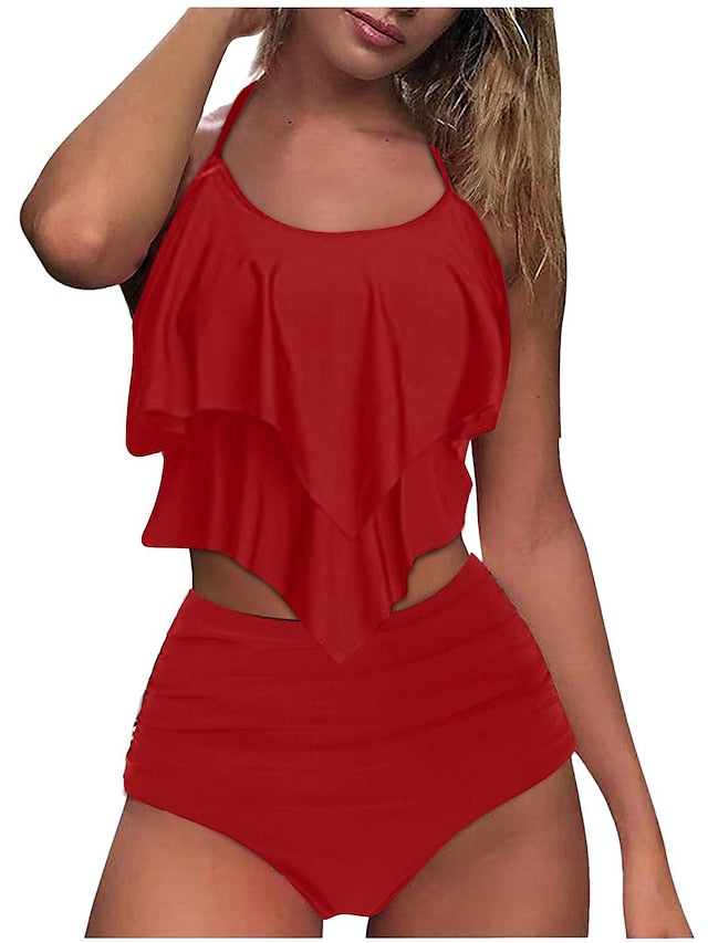 Women's Swimwear Tankini 2 Piece Normal Swimsuit Ruffle 2 Piece High Waisted Plain Black Red Green Bathing Suits Sports Beach Wear Summer