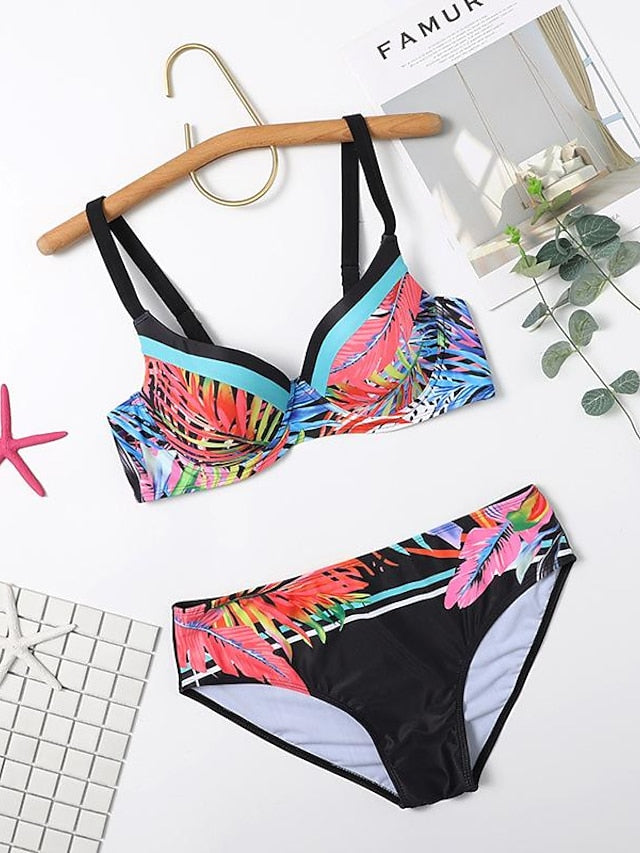 Women's Swimwear Bikini Normal Swimsuit 2 Piece Printing Leaf Red Bathing Suits Sports Beach Wear Summer