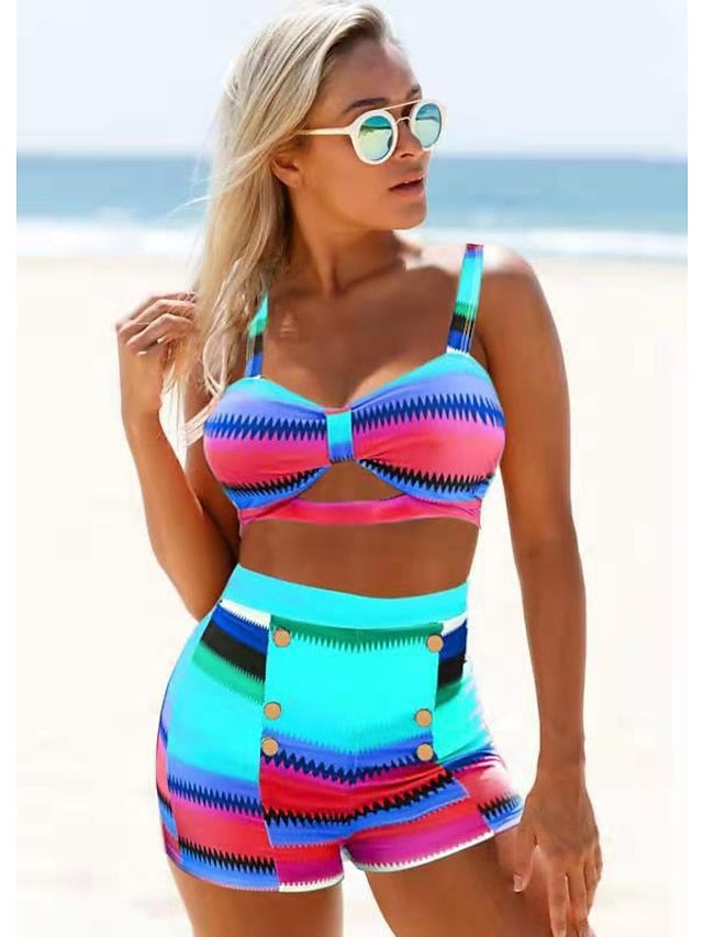 Women's Swimwear Bikini Normal Swimsuit 2 Piece Printing High Waisted Color Block Yellow Red Blue Orange Green Bathing Suits Sports Beach Wear Summer