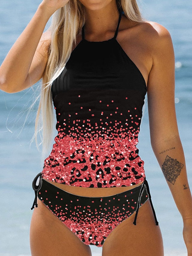 Women's Swimwear Tankini 2 Piece Normal Swimsuit 2 Piece Printing Leopard Tie Dye Black White Red Blue Bathing Suits Sports Beach Wear Summer