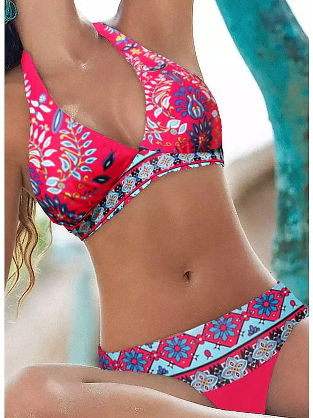 Women's Swimwear Bikini Normal Swimsuit 2 Piece Printing Floral Geometic Black Red Blue Rose Red Bathing Suits Sports Beach Wear Summer