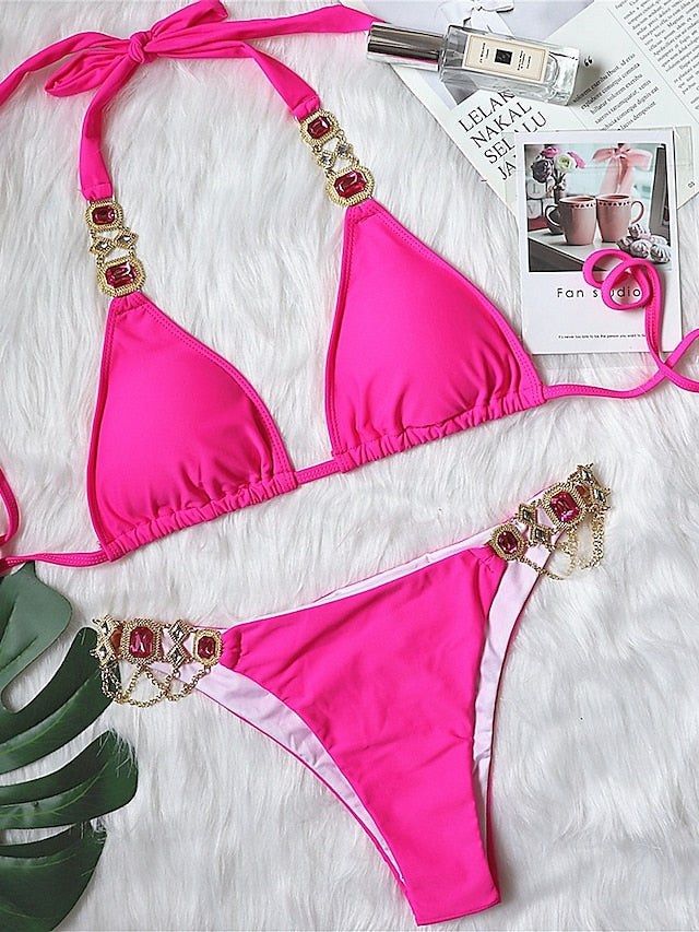 Women's Swimwear Bikini 2 Piece Normal Swimsuit Glitter Solid Color White Black Blue Purple Yellow Plunge Bathing Suits Sexy Vacation Fashion / New / Padded Bras