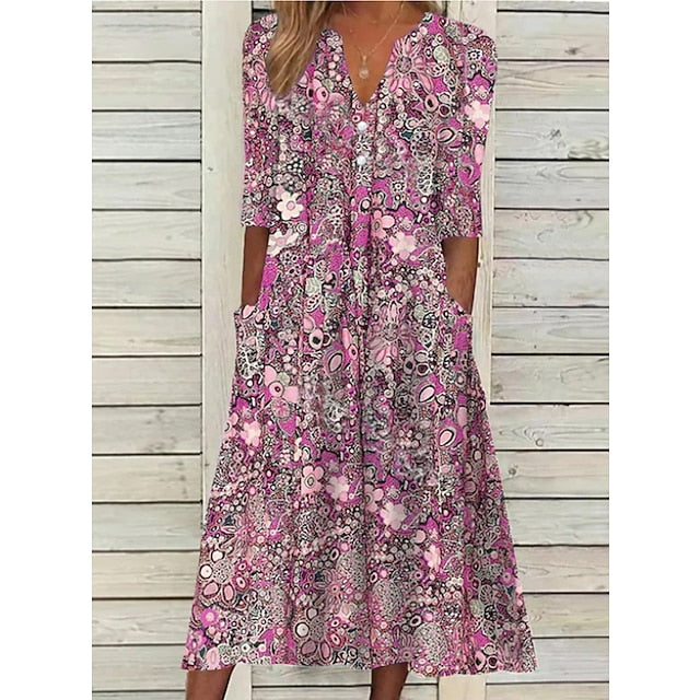 Women's Casual Dress Ethnic Dress Midi Dress Red Half Sleeve Floral Print Fall Spring Summer V Neck Casual Vacation Print Dresses