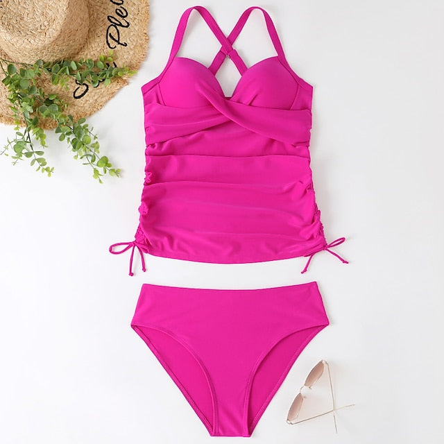 Women's Swimwear Tankini 2 Piece Normal Swimsuit 2 Piece Tummy Control Solid Color Leopard Print Black Army Green Navy Blue Blue Tank Top Bathing Suits Sports Summer