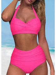 Women's Swimwear Bikini Normal Swimsuit Halter 2 Piece High Waisted Plain Black Pink Blue Green Rose Red Bathing Suits Sports Beach Wear Summer